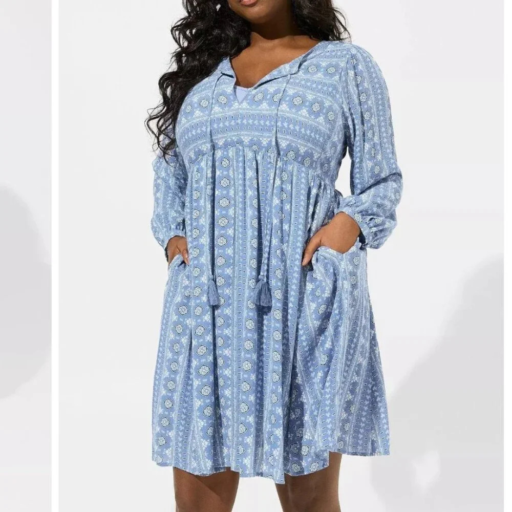 torrid Light Blue Printed Long Sleeve Babydoll Dress